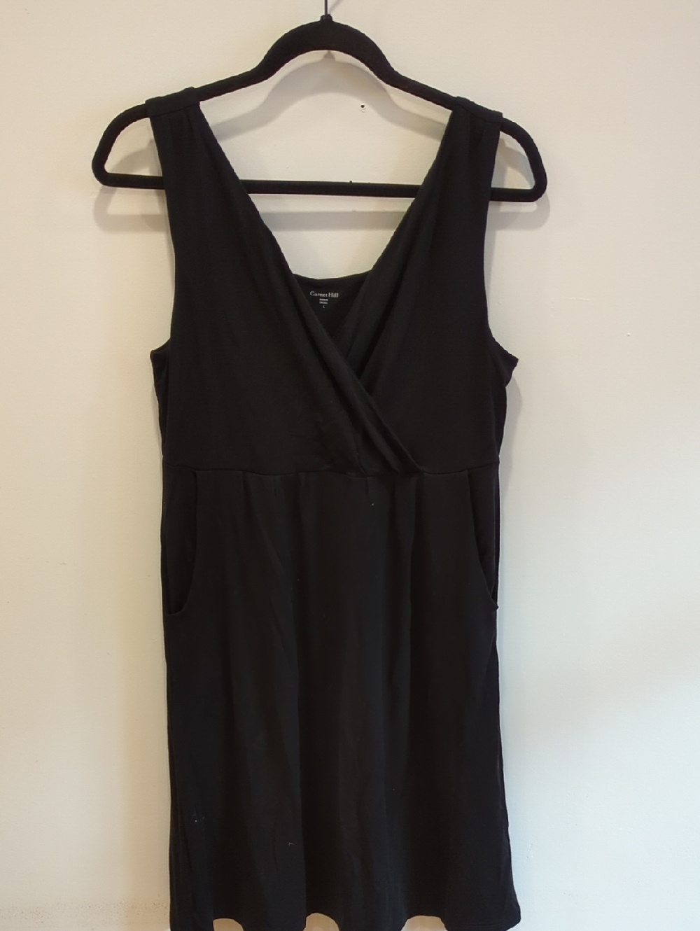 Garnet Hill Black Sleeveless Wrap-Front V Neck Jersey Pocket Dress Size Large